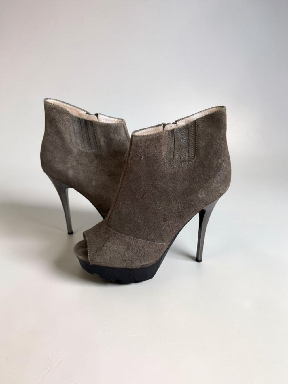 JEAN MICHEL CAZABAT Sueded Olive Gray Leather Boots Heels Size 37.5 / US 7.5